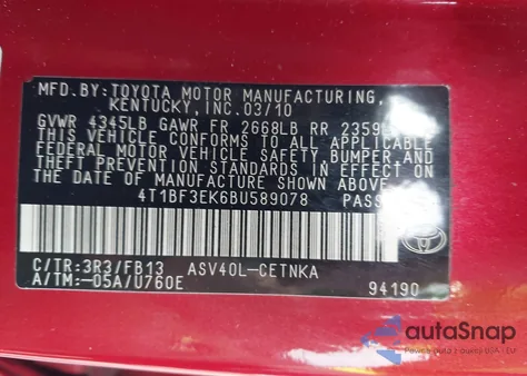 2011 Toyota Camry Le из США, поврежденный, VIN 4T1BF3EK6BU589078